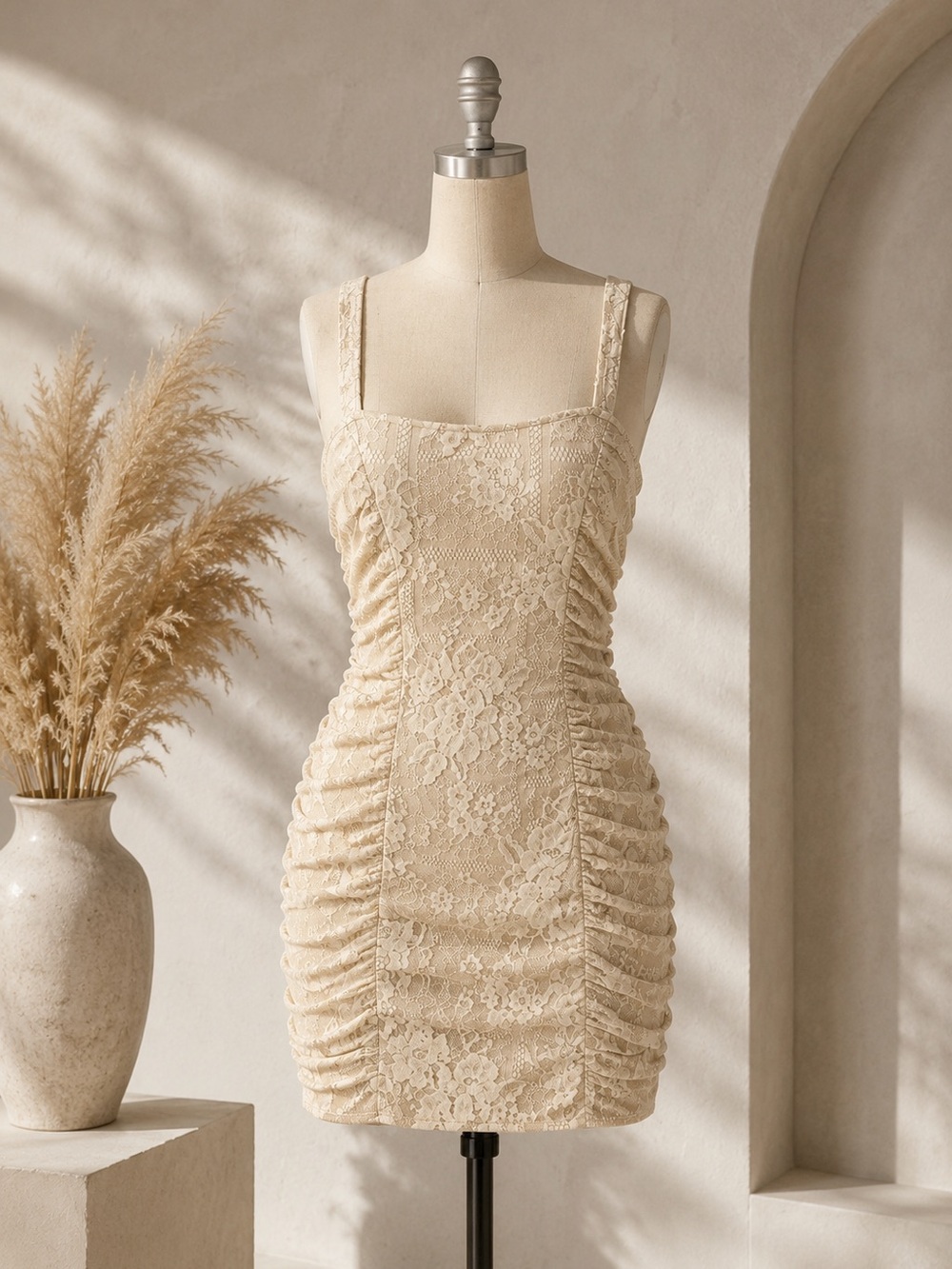 MAJORELLE Champagne Lace Ruched Mini Dress - Picture 2 of 5